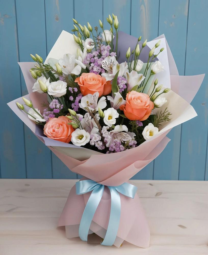 Букет цветов из: Лизиантусы, Розы, Альстромерии и Гипсофила в Дубовке Ставропольского края